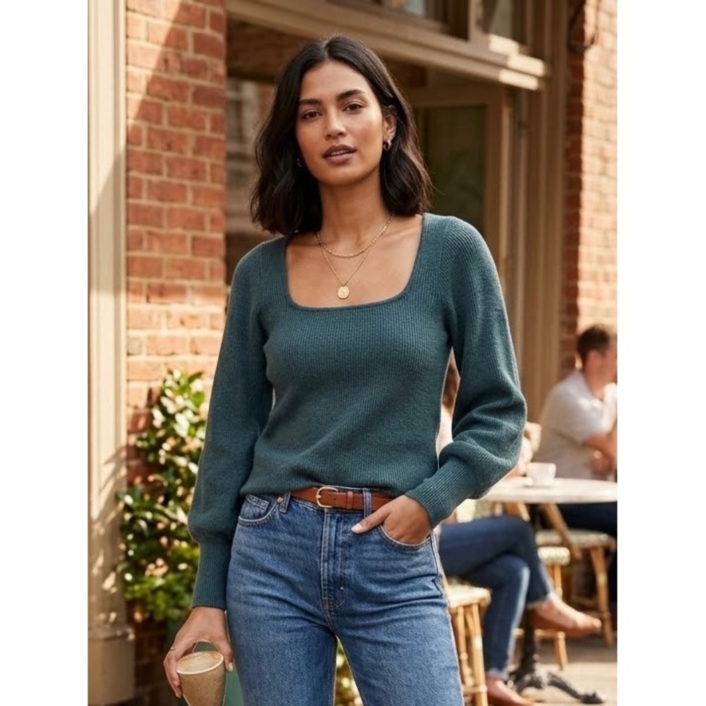Madewell Square Neck Puff Sleeve Ribbed Sweater Green Medium